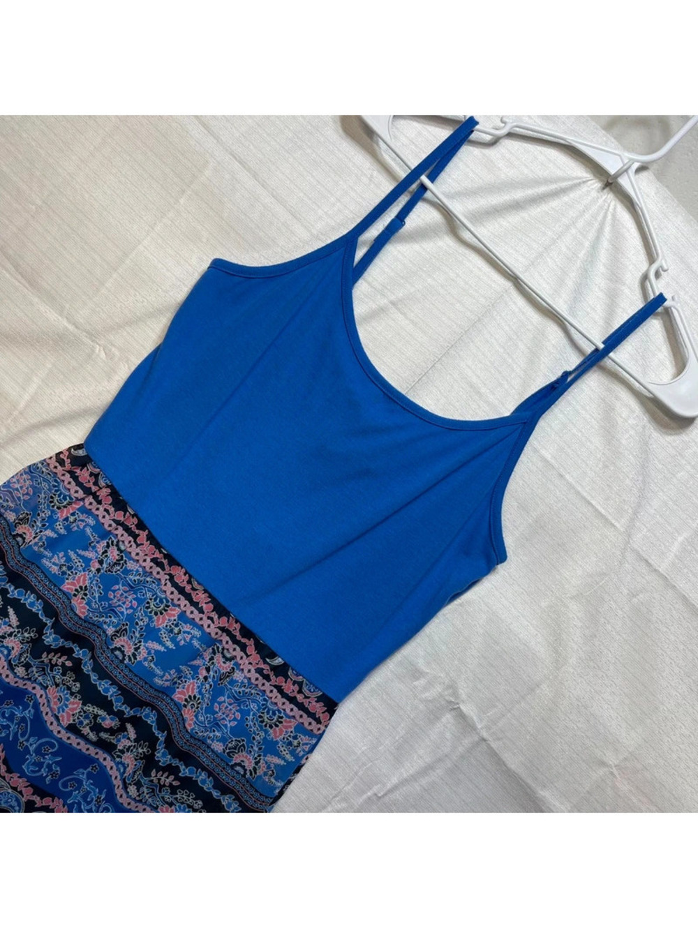 Ultra Flirt Blue Spaghetti Strap Maxi Dress with Patterned Skirt